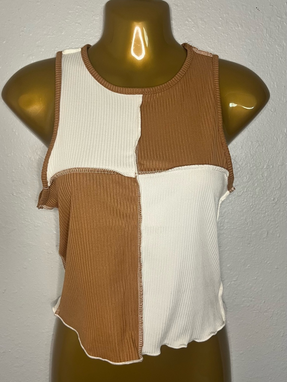 Colorblock Ribbed Tank Top - Cream & Brown